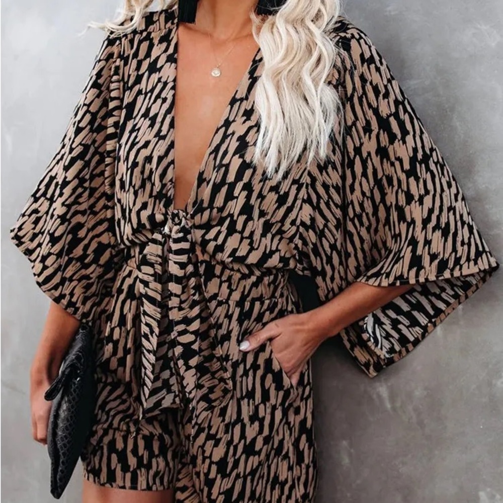 Flawless | Tan and Black Printed Romper | Size Medium